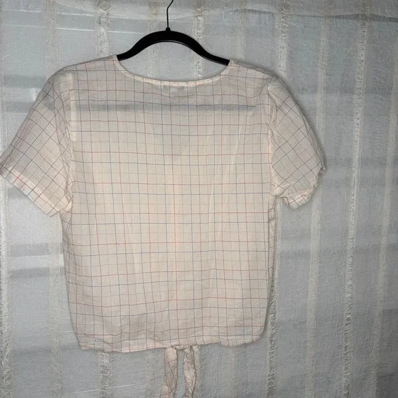 Madewell Tie-Front Grid Top Women Medium Cream Multi-Color Excellent Windowpane - Picture 3 of 5